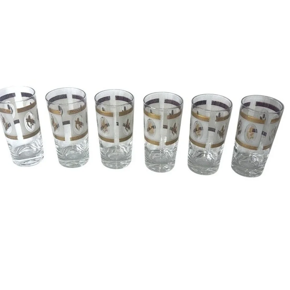 Vintage Libbey Golden Wheat Frosted‎ Highball Glasses Gold Trim Set of 6 MCM